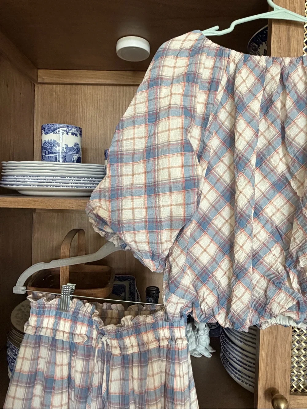 Plaid Puff-Sleeve shirt and skirt in Soft Blue and Cream